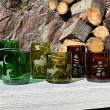 Set of 3 short and 3 tall glasses, green with Loon, Honey gold with moose and caribou, and amber with inukshuk